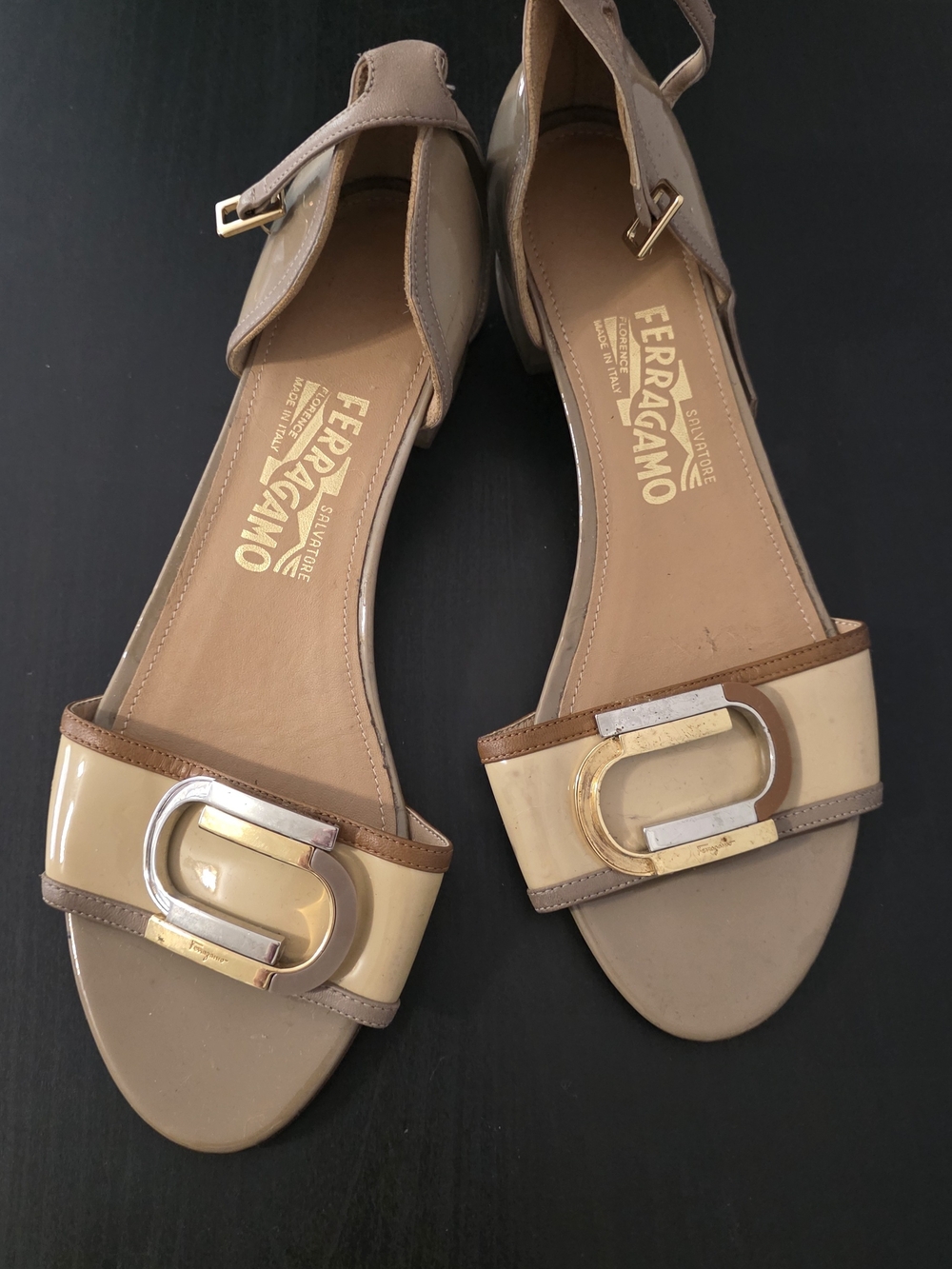 Salvatore Ferragamo Women's Beige Patent Leather Buckle Sandals